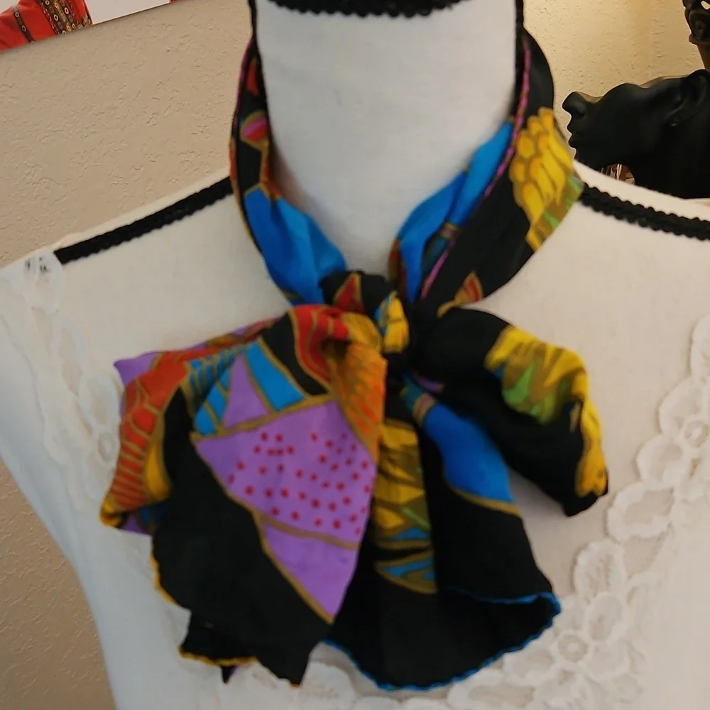 LAUREL BURCH Colorful Rainbow Tropical Bird Print Silk Resort Festival Scarf